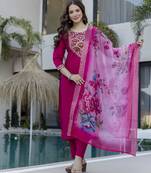 Pink chanderi silk sequin round neck kurta pant set with royal jacquard dupatta