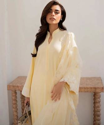 Yellow chanderi silk sequin long kurta set with embroidered organza dupatta 4