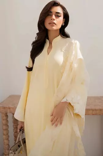 Yellow chanderi silk sequin long kurta set with embroidered organza dupatta