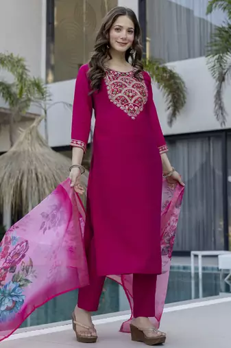 Pink chanderi silk sequin round neck kurta pant set with royal jacquard dupatta
