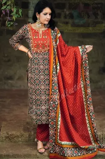 Beautiful jaipuri an embroidered patola black  red print kurta set,