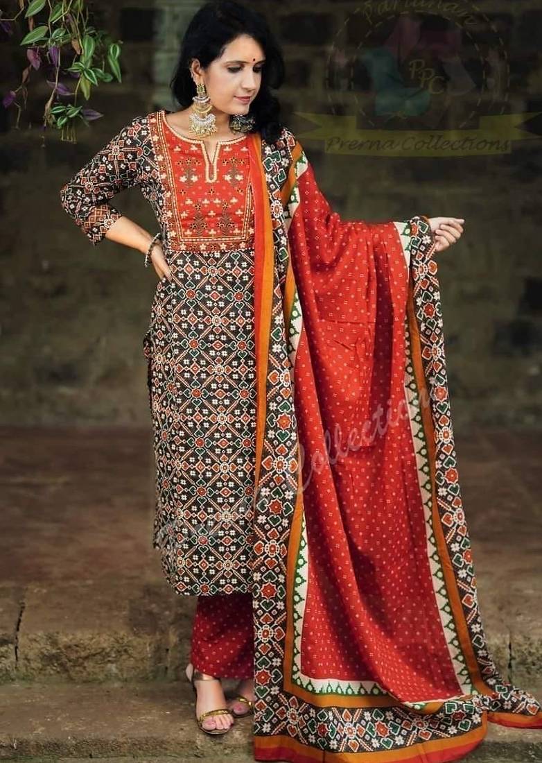 Beautiful jaipuri an embroidered patola black  red print kurta set,