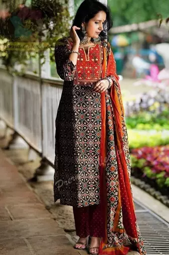 Beautiful jaipuri an embroidered patola black  red print kurta set,