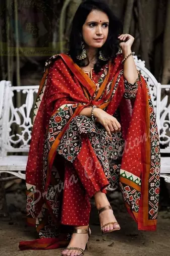 Beautiful jaipuri an embroidered patola black  red print kurta set,
