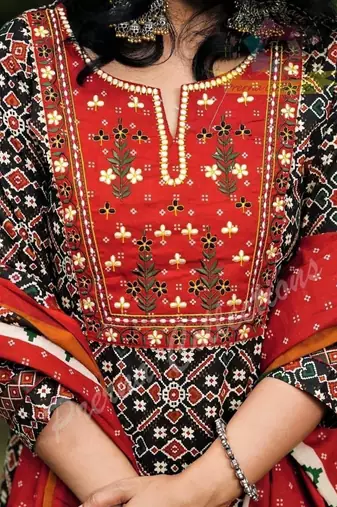 Beautiful jaipuri an embroidered patola black  red print kurta set,