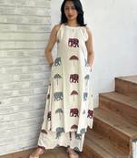 Beautiful jaipuri off-white a-line maroon and grey elephant and umbrella block prints kurta with wide leg palazzos.