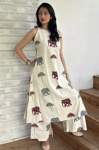 Beautiful jaipuri off-white a-line maroon and grey elephant and umbrella block prints kurta with wide leg palazzos.