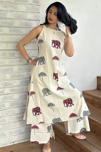 Beautiful jaipuri off-white a-line maroon and grey elephant and umbrella block prints kurta with wide leg palazzos.