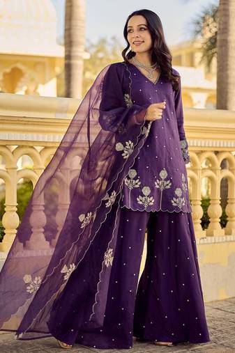 Purple chanderi silk sequin v-neck kurta set with embroidered organza dupatta