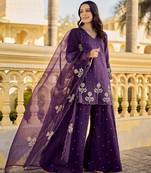 Purple chanderi silk sequin v-neck kurta set with embroidered organza dupatta