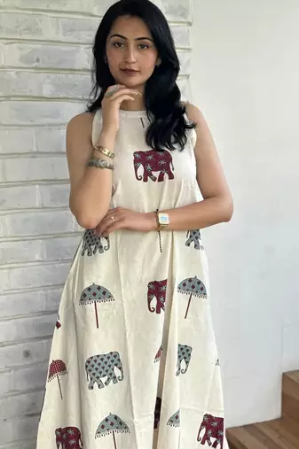 Beautiful jaipuri off-white a-line maroon and grey elephant and umbrella block prints kurta with wide leg palazzos.