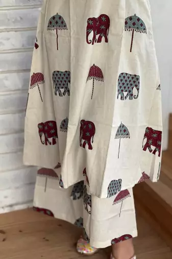 Beautiful jaipuri off-white a-line maroon and grey elephant and umbrella block prints kurta with wide leg palazzos.