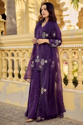 Purple chanderi silk sequin v-neck kurta set with embroidered organza dupatta