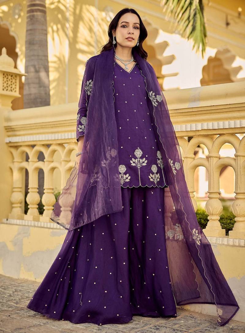Purple chanderi silk sequin v-neck kurta set with embroidered organza dupatta