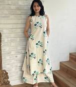 Beautiful jaipuri off-white a-line  with a teal and light green floral block print kurta with wide leg palazzos.