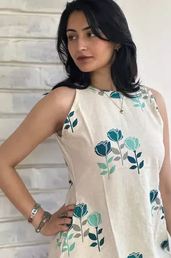 Beautiful jaipuri off-white a-line  with a teal and light green floral block print kurta with wide leg palazzos.