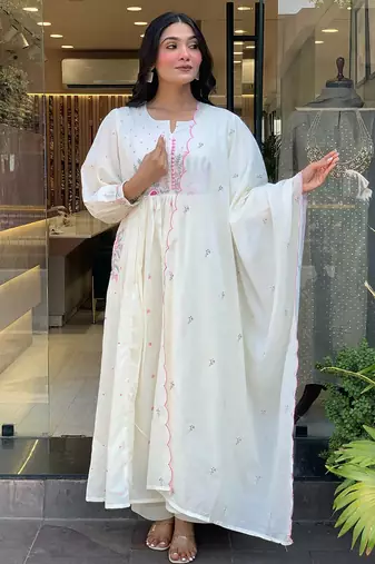 Beautiful jaipuri elegant embroidered anarkali white kurta set with dupatta