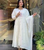 Beautiful jaipuri elegant embroidered anarkali white kurta set with dupatta
