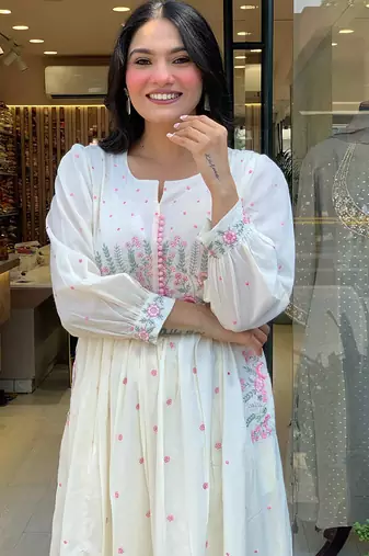Beautiful jaipuri elegant embroidered anarkali white kurta set with dupatta