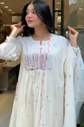 Beautiful jaipuri elegant embroidered anarkali white kurta set with dupatta