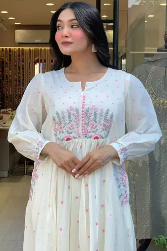 Beautiful jaipuri elegant embroidered anarkali white kurta set with dupatta