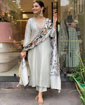 White chanderi silk sequin v-neck sharara set with printed satin silk dupatta 1
