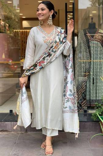 White chanderi silk sequin v-neck sharara set with printed satin silk dupatta