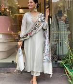 White chanderi silk sequin v-neck sharara set with printed satin silk dupatta