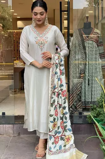 White chanderi silk sequin v-neck sharara set with printed satin silk dupatta