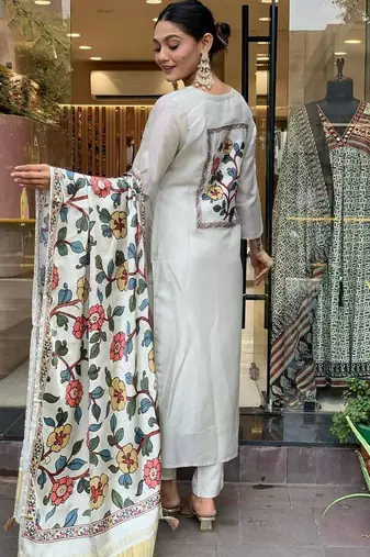 White chanderi silk sequin v-neck sharara set with printed satin silk dupatta