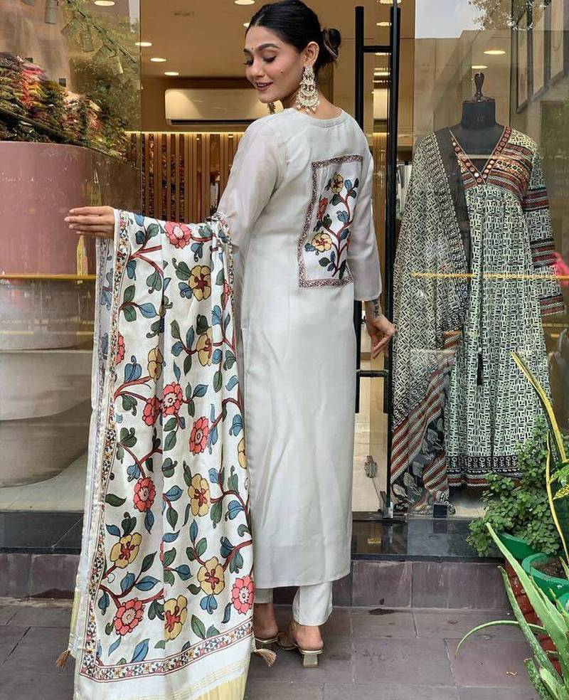 White chanderi silk sequin v-neck sharara set with printed satin silk dupatta