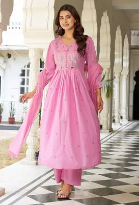 Beautiful jaipuri elegant embroidered anarkali pink kurta set with dupatta 2