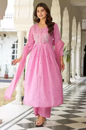 Beautiful jaipuri elegant embroidered anarkali pink kurta set with dupatta