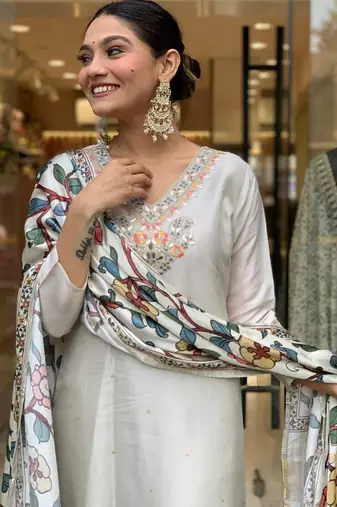 White chanderi silk sequin v-neck sharara set with printed satin silk dupatta