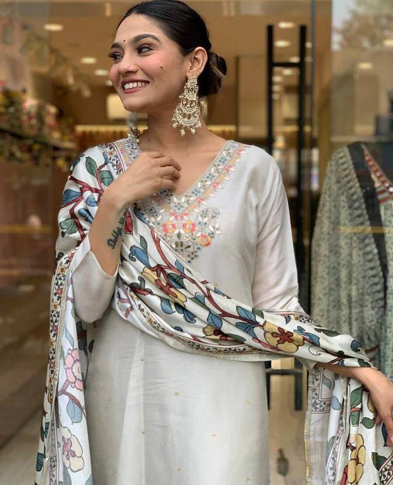 White chanderi silk sequin v-neck sharara set with printed satin silk dupatta