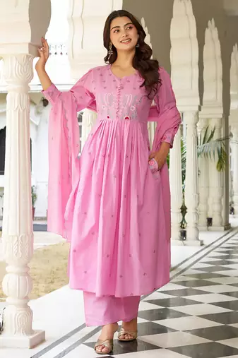 Beautiful jaipuri elegant embroidered anarkali pink kurta set with dupatta