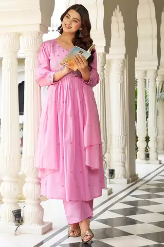 Beautiful jaipuri elegant embroidered anarkali pink kurta set with dupatta