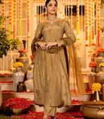 Gold shimmer chanderi silk sequin v-neck kurta set with embroidered organza dupatta