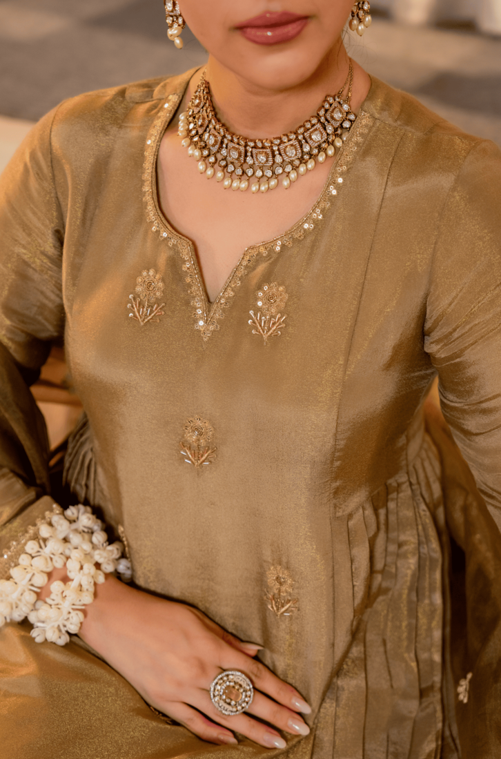 Gold shimmer chanderi silk sequin v-neck kurta set with embroidered organza dupatta