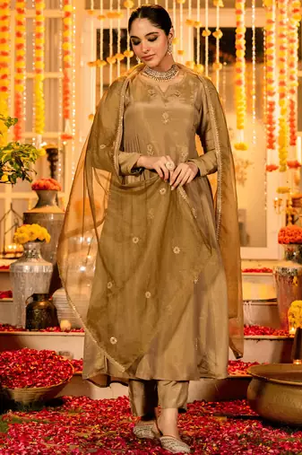 Gold shimmer chanderi silk sequin v-neck kurta set with embroidered organza dupatta