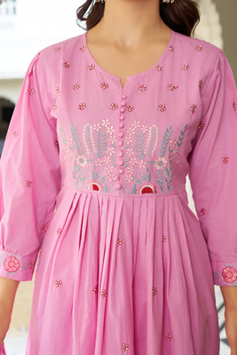 Beautiful jaipuri elegant embroidered anarkali pink kurta set with dupatta 5