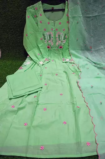 Beautiful jaipuri elegant embroidered anarkali green kurta set with dupatta