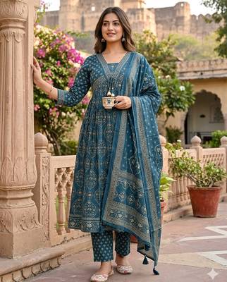 Beautiful jaipuri a teal-colored anarkali suit set 1
