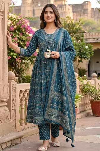 Beautiful jaipuri a teal-colored anarkali suit set