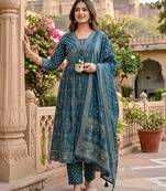 Beautiful jaipuri a teal-colored anarkali suit set