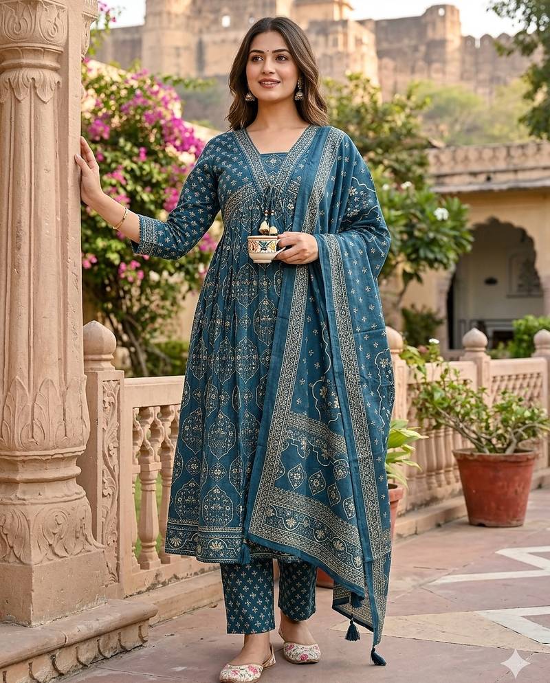 Beautiful jaipuri a teal-colored anarkali suit set