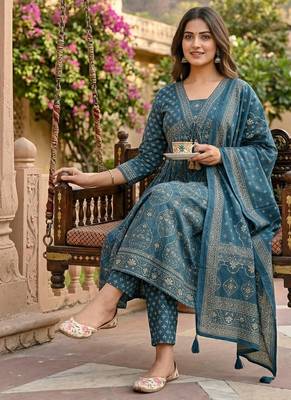 Beautiful jaipuri a teal-colored anarkali suit set 2
