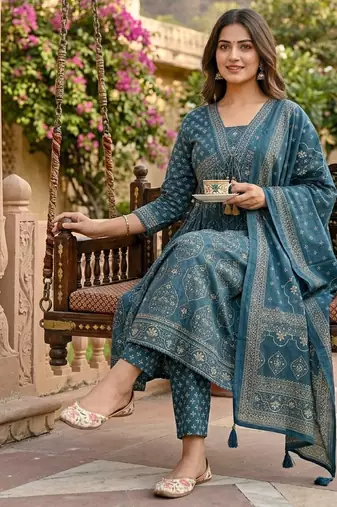 Beautiful jaipuri a teal-colored anarkali suit set