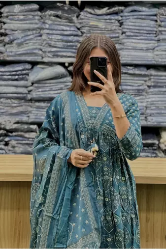 Beautiful jaipuri a teal-colored anarkali suit set