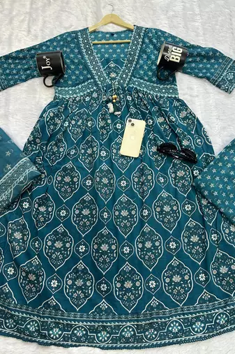 Beautiful jaipuri a teal-colored anarkali suit set